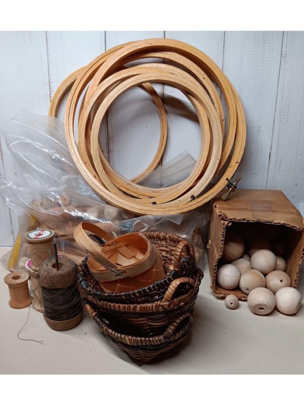 Craft Destash Wooden Embroidery Hoop Craft Balls Clothes Pins thread spools